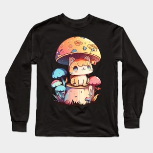 Whimsical Mushroom Cat: Playful Cartoon Art Design Long Sleeve T-Shirt